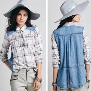 Free People Road Trip Getaway Button Up Plaid Flannel Shirt Chambray Size Small